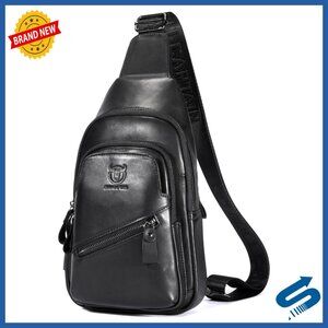 Genuine Leather Sling Bag with USB Charging Port, Adjustable Strap, Multi-Pocket
